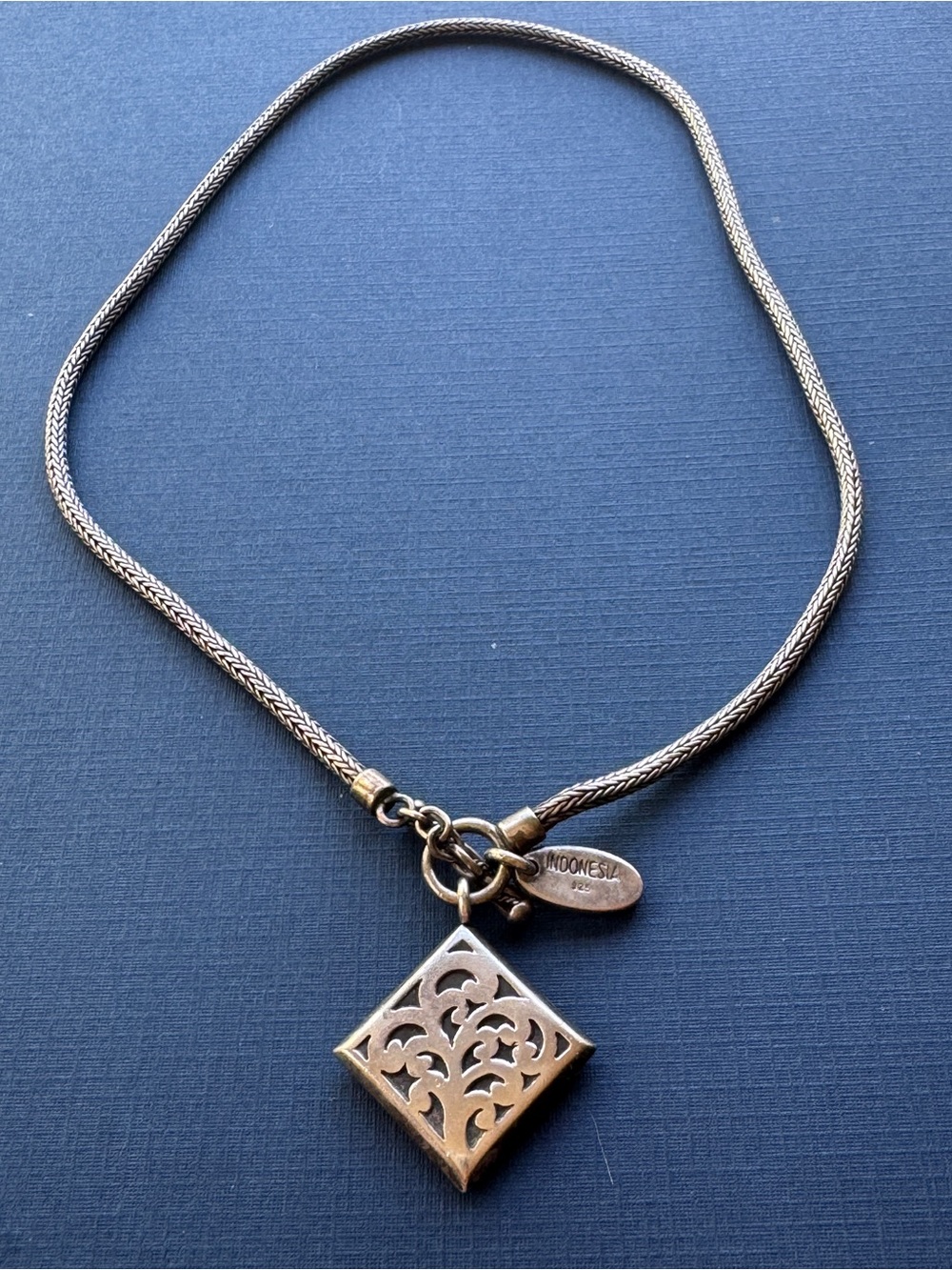 Lois Hill Sterling Silver 925 Foxtail Chain Necklace w-Filigree Square Pendant